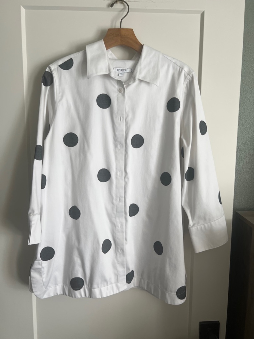 Chico's White Blouse with Black Polka Dots. Size 1.5 = 10